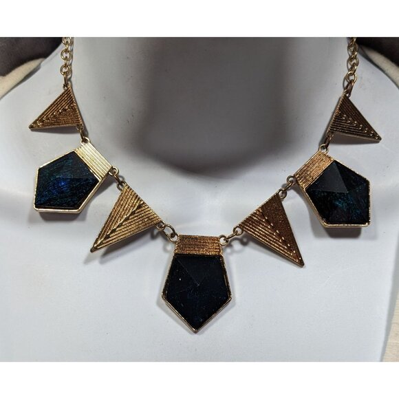 Modern Geometric Gold And Dark Blue Statement Necklace - Picture 1 of 10